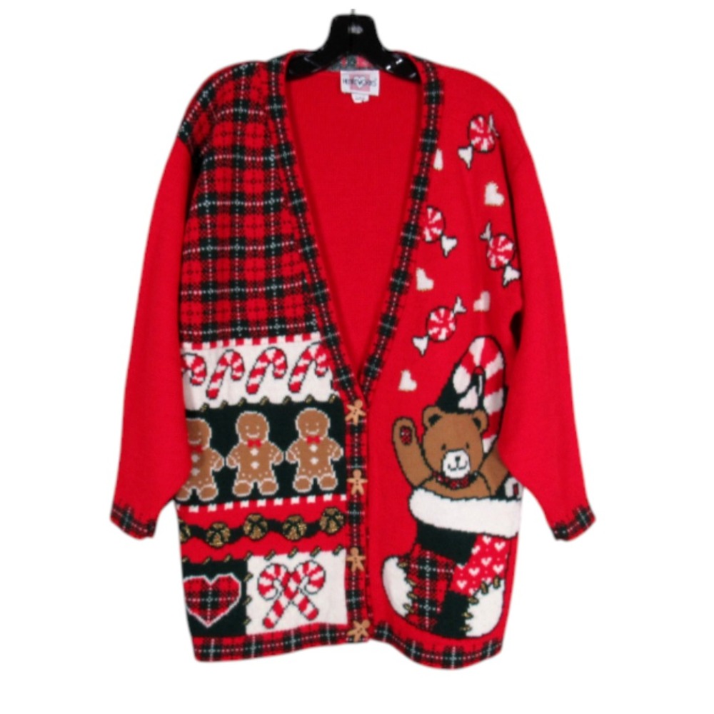 VTG HEARTWORKS Button TEDDY BEAR/GINGERBREAD MAN Christmas SWEATER CARDIGAN Sz M